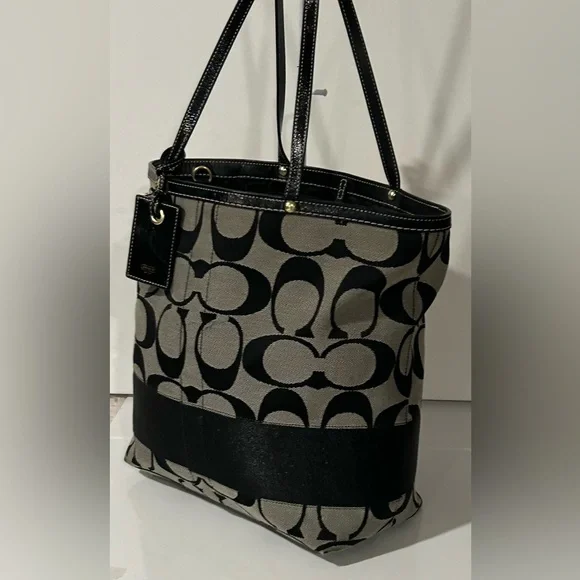 Coach Signature Black Gray Canvas Leather structured logo Shoulder Bag - Picture 7 of 16